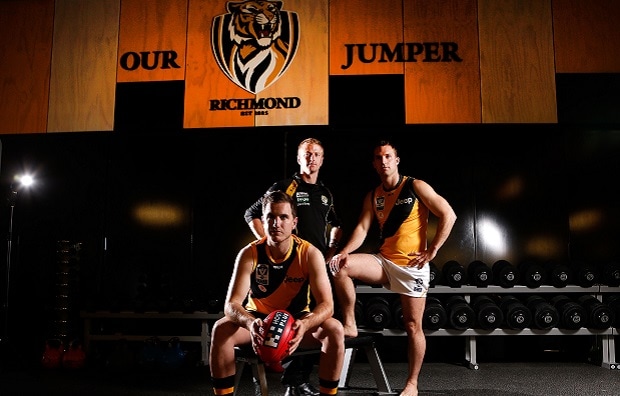 Richmond VFL Coach Tim Clarke, Captain Ross Young and midfielder Pat Contin at the launch of the Richmond VFL team.